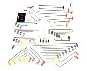 Top-down photo of a 63-piece professional paintless dent repair set neatly arranged on a white background, showing colorful T-handles, whale tails, brace tools, side panel hooks, precision wires, knockdown and other accessories used for fixing hail and co