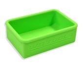 Lime green silicone Battery Grip Shell by WQ Tools, rectangular car safe holder/sleeve for cordless glue gun batteries, embossed “WQ TOOLS,” on a white background.
