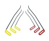Six black brace tools with angled tips, yellow left-hand and red right-hand handles, fanned out on a white background