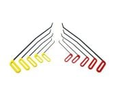 Ten black brace tools with angled tips, yellow left-hand and red right-hand handles, fanned out on a white background