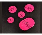 Five hot pink dent size magnets labeled Dime (18 mm), Nickel (21 mm), Quarter (25 mm), OS (29 mm), and DOS (44×29 mm) arranged on a black background.