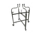 Foldable DNE hood stand on casters, showing curved padded arms, multiple adjustment knobs, and compact steel frame.