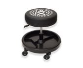 Black Dentcraft rolling shop stool with padded logo seat, adjustable post, divided 19" tool tray, and five 3" casters on a white background.
