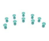 Ten teal-green 16 mm round glue pulling tabs arranged upright on a white background, used for paintless dent repair.
