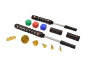 Two Sergio Bull Kick smart slide hammers (large and small) with six gold screw-in cold-glue tabs and three colored cold glue green, red, and blue arranged on a white background.