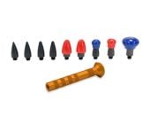 Aluminum Long Knockdown (4") with knurled gold handle and nine interchangeable screw-in tips—black, red, and blue bullet and mushroom styles arranged on a white background.
