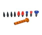 Aluminum short knockdown (3") with knurled gold handle and nine interchangeable screw-in tips—black, red, and blue bullet and mushroom styles—arranged on a white background.