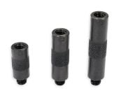 Three black cylindrical extension pieces for an interchangeable tip tool, labeled E1 (1 inch), E2 (1.5 inches), and E3 (2 inches) in ascending size from left to right.