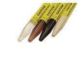 Large KnockDown 4-piece set — four conical PDR knockdowns (acryllic, ultem, delrin, peek) with yellow “Caution” stickers.