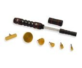 Sergio Bull Kick Kit 1—black smart slide hammer with red accents and six gold screw-in cold glue tabs arranged on a white background.