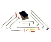 Side panel PDR starter set on white background assorted rods, wire tools, 34-inch whale tail, metal window shield, wedge, T-handle, tip/handle extensions, and small Delrin knockdown.