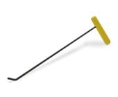 1/4'' diameter shaved tool for dent repair, with an angled tip and yellow pipe handle. Tip facing towards the camera, handle to the back at a slight tilting angle