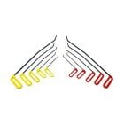 Ten black brace tools with angled tips, yellow left-hand and red right-hand handles, fanned out on a white background