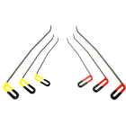 Six sharp tip PDR brace tools with bent shafts three left index yellow handles and three right index red handles arranged mirrored in 14", 18", and 24" lengths on a white background.