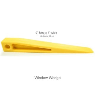 Side-profile photo of a yellow Dentcraft Window Wedge (9 in × 1 in) showing its tapered tip, recessed tool cavity, and drilled flashlight/cord hole against a white background with dimension labels.