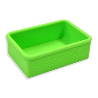 Lime green silicone Battery Grip Shell by WQ Tools, rectangular car safe holder/sleeve for cordless glue gun batteries, embossed “WQ TOOLS,” on a white background.