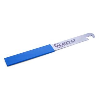 Blue handled stainless KECO Bed Cap Removal Tool with low profile hooked nose, shown on a white background.