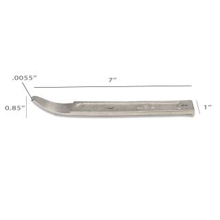 Metal interior trim pry tool, 7 inches long by 1 inch wide with ultra-thin 0.0055-inch curved tip; dimensions shown on white background.