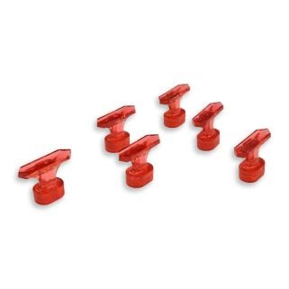 Six translucent red Dentless Red Dot 1.4 inch slim crease glue tabs arranged on a white background.