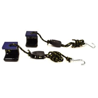 Pair of fender blowout ropes with padded edge clamps, black/yellow ratcheting rope, and metal S-hooks on a white background.