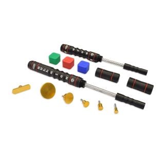 Two Sergio Bull Kick smart slide hammers (large and small) with six gold screw-in cold-glue tabs and three colored cold glue green, red, and blue arranged on a white background.