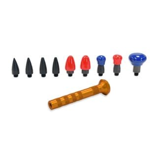 Aluminum Long Knockdown (4") with knurled gold handle and nine interchangeable screw-in tips—black, red, and blue bullet and mushroom styles arranged on a white background.