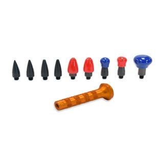 Aluminum short knockdown (3") with knurled gold handle and nine interchangeable screw-in tips—black, red, and blue bullet and mushroom styles—arranged on a white background.