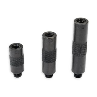 Three black cylindrical extension pieces for an interchangeable tip tool, labeled E1 (1 inch), E2 (1.5 inches), and E3 (2 inches) in ascending size from left to right.