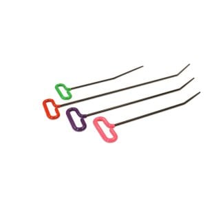 four T‑handle tools for dent repair and dent removal—each with a long black shaft, angled tip, and vivid D‑shaped handle (orange, green, purple, pink)—used by technicians for fixing dents.