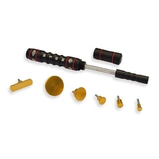 Sergio Bull Kick Kit 1—black smart slide hammer with red accents and six gold screw-in cold glue tabs arranged on a white background.