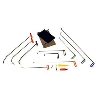 Side panel PDR starter set on white background assorted rods, wire tools, 34-inch whale tail, metal window shield, wedge, T-handle, tip/handle extensions, and small Delrin knockdown.