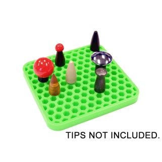 Green 4×4 silicone honeycomb PDR tip holder tray with assorted tips shown on top (tips not included), on a white background.
