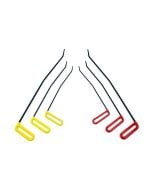 Six black brace tools with angled tips, yellow left-hand and red right-hand handles, fanned out on a white background
