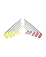 Ten black brace tools with angled tips, yellow left-hand and red right-hand handles, fanned out on a white background