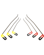 Six sharp tip PDR brace tools with bent shafts three left index yellow handles and three right index red handles arranged mirrored in 14", 18", and 24" lengths on a white background.