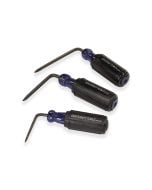 Three Dentcraft sharp-tip hand tools with blue screwdriver handles and black grips, L-shaped shafts and sharper tips, arranged on a white background.