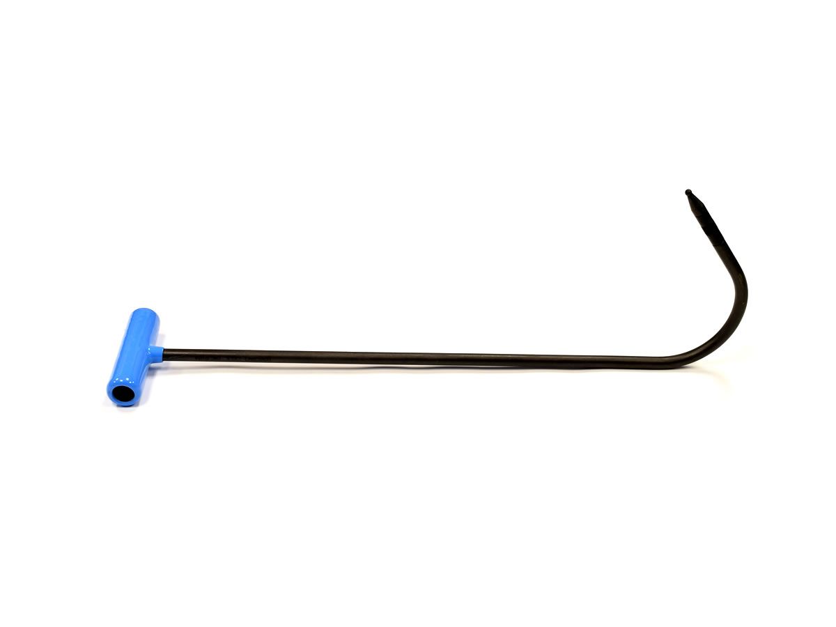 24-inch Big Blue Hook Interchangeable Tip PDR Rod featuring a blue pipe handle and a curved black shaft with an interchangeable tip, for dent repairs when reach is needed.