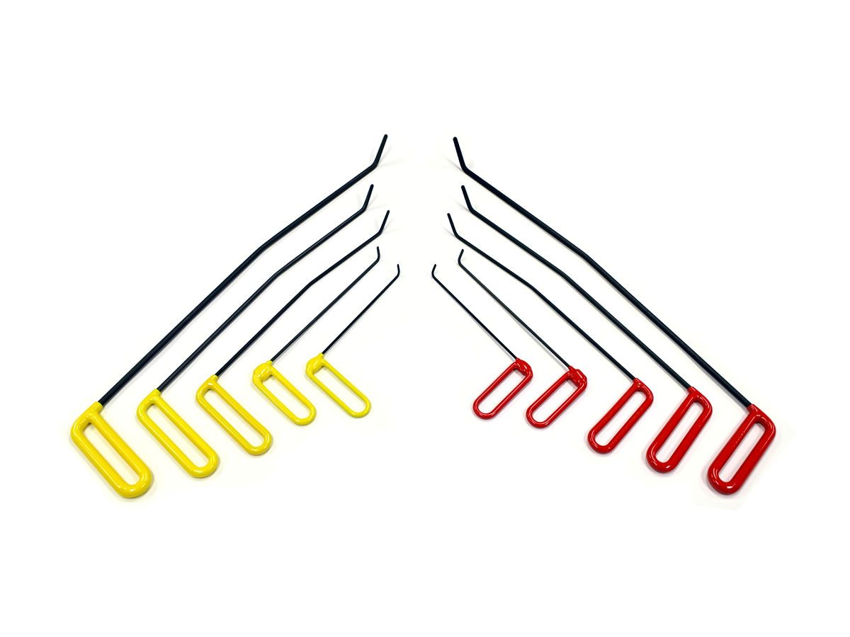 Ten black brace tools with angled tips, yellow left-hand and red right-hand handles, fanned out on a white background